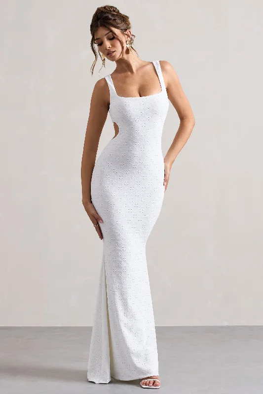 ladies-maxi-dress-spring-sprout-Marseille | White Broderie Knit Square-Neck Cut-Out Maxi Dress