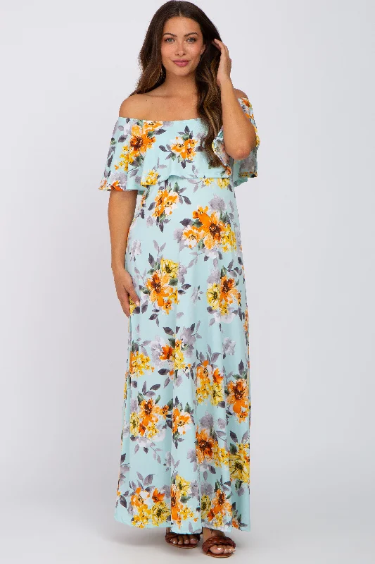 ladies-maxi-dress-red-radiance-Light Blue Floral Off Shoulder Maternity Maxi Dress