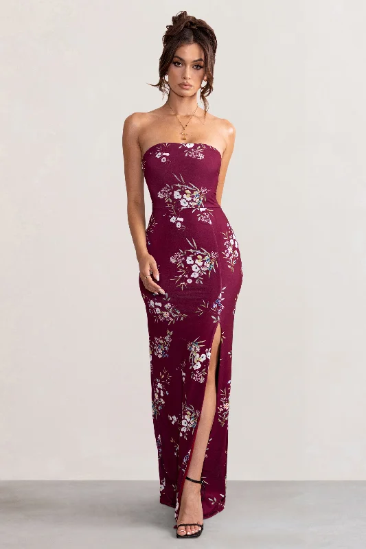 ladies-maxi-dress-lavender-lush-Camila | Burgundy Floral Print Strapless Maxi Dress With Thigh Split