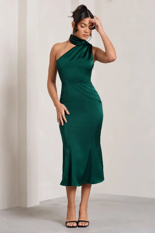 Women's flare dress draped -Golden Girl | Bottle Green Satin One Shoulder High-Neck Flared Midi Dress