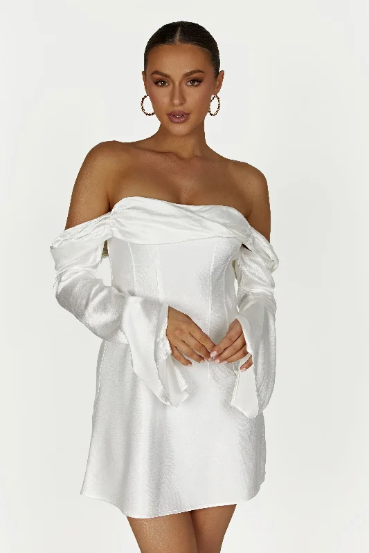 ladies-mini-dress-casual-charm-Giselle Off Shoulder Satin Mini Dress - White