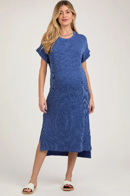 Women's midi dress star glow -Blue Ribbed Short Sleeve Maternity Midi Dress