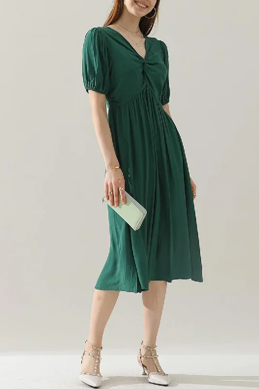 Women's midi dress vine chic -KINK V NECK BALLOON SLEEVE RUFFLED MIDI DRESS