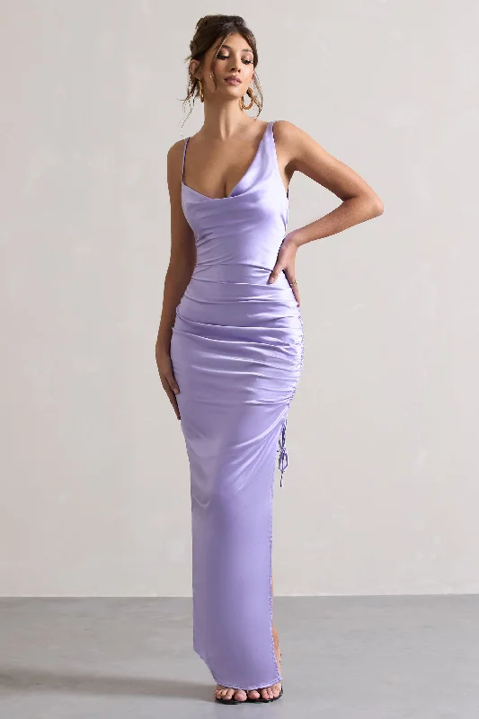 ladies-maxi-dress-high-waist-hush-Belonging | Lilac Ruched Cowl Maxi Dress