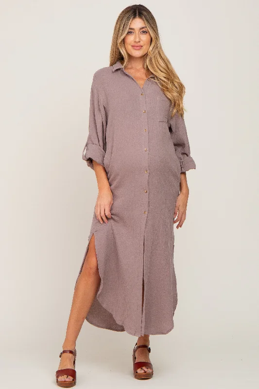 Women's midi dress peek chic -Taupe Button Down 3/4 Sleeve Maternity Midi Dress